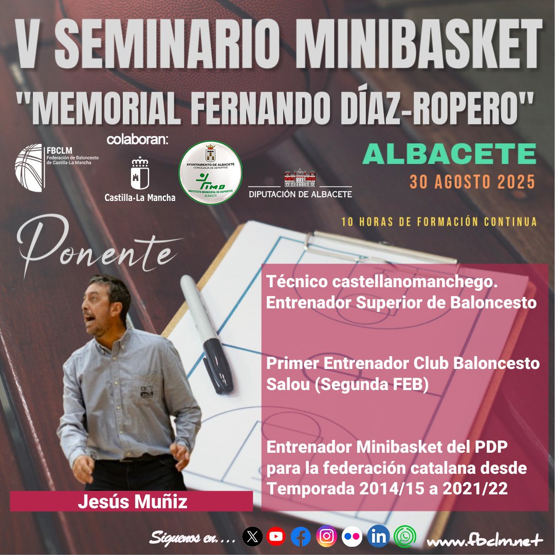 fbclm's tweet image. #FormacionFBCLM📚| Te presentamos a uno de los referentes del baloncesto castellanomanchego que será además uno de los ponentes en el 5º #SeminarioMiniFBCLM "Fernando Díaz Ropero".
👉El próximo martes 29 de julio conoceremos la programación y se abrirán las inscripciones.