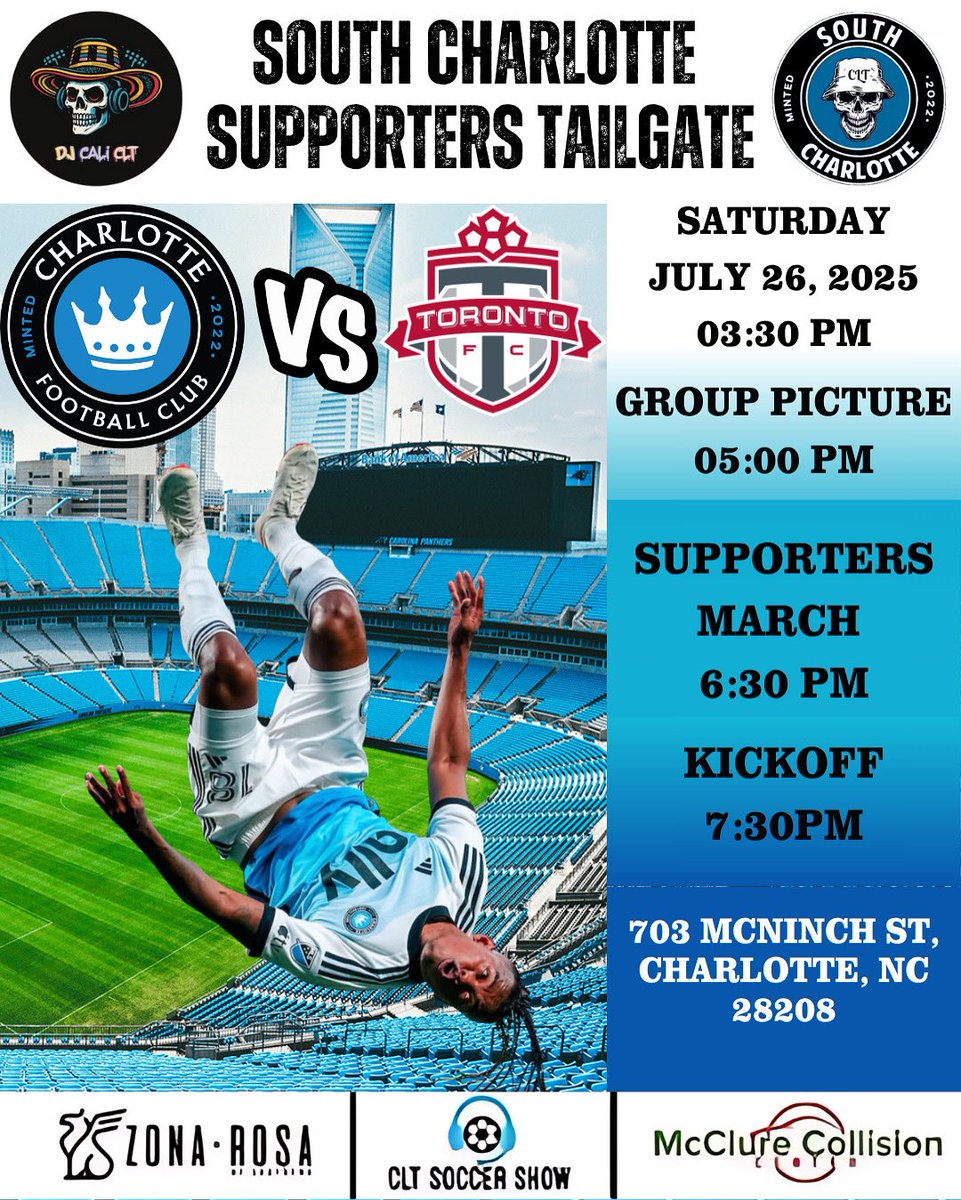 🔥🎉 MATCHDAY TAILGATE ALERT! 🎉🔥
Join the South Charlotte Supporters as we throw down for another epic matchday tailgate ahead of Charlotte FC vs Toronto FC! 💙⚽🍻