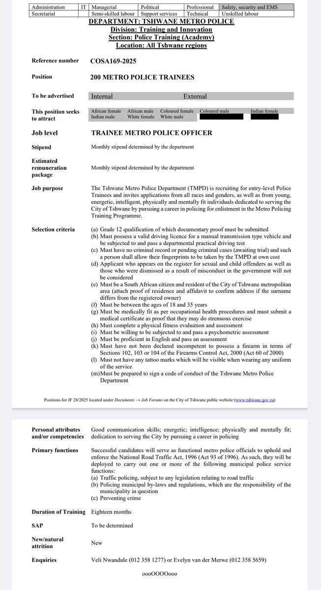 Tshwane, here's the advert for the 200 TMPD recruits, also placed on the city website. 

The positions are NOT FOR SALE. We'll monitor the process closely.
 
Good luck to all the applicants! 🇿🇦♥️🇿🇦