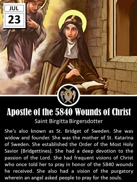 father_rmv's tweet image. Saint Bridget of Sweden (1303–1373), also known as Birgitta, was a mystic, visionary, and one of the most influential saints of the Catholic Church in the Middle Ages. Born into a wealthy and noble family in Uppland, Sweden, Bridget was the daughter of Birger Persson, a prominent…