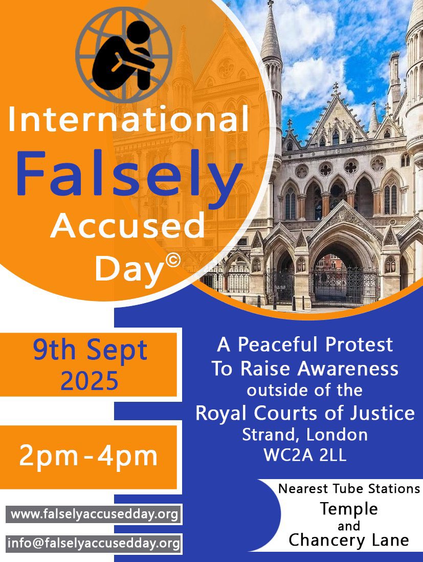 I was the defendant.

Falsely accused.

Dragged through hell for 7 years before clearing my name.

I’ll be outside the Royal Courts on 9 Sept for International #FalselyAccusedDay - because too many are still being crushed by a system that protects itself, not the truth.

✊🏼⚖️