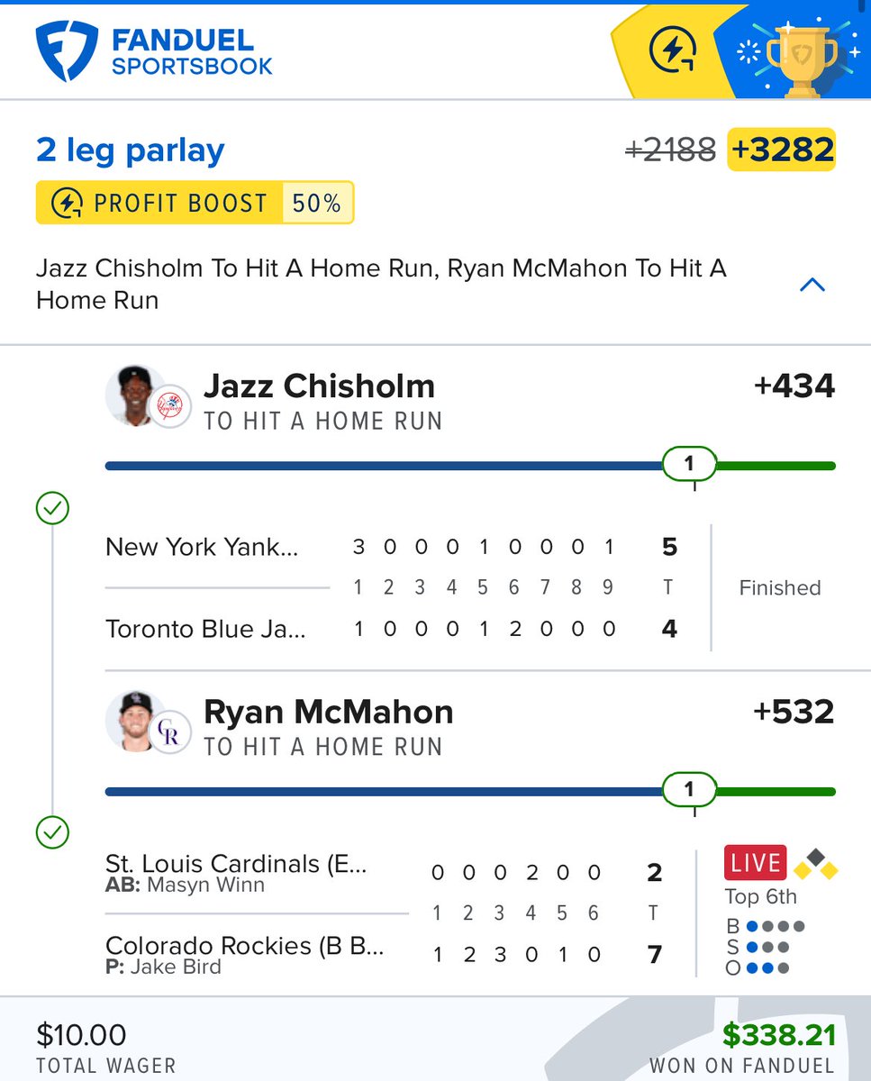 xBETS_Sports's tweet photo. One of our Whop subscribers just smacked this homerun parlay on Dinger Tuesday for $338‼️

Jazz Chisholm Jr. ✅
Ryan McMahon ✅
+3282 ✅

Join us for a free 3-day trial, then just $5.99/month:
https://t.co/3LoqTM5Ssb

#DingerTuesday #MLBBets #HomeRunProps #GamblingTwitter #xBETS #ParlayWin #FanDuel
