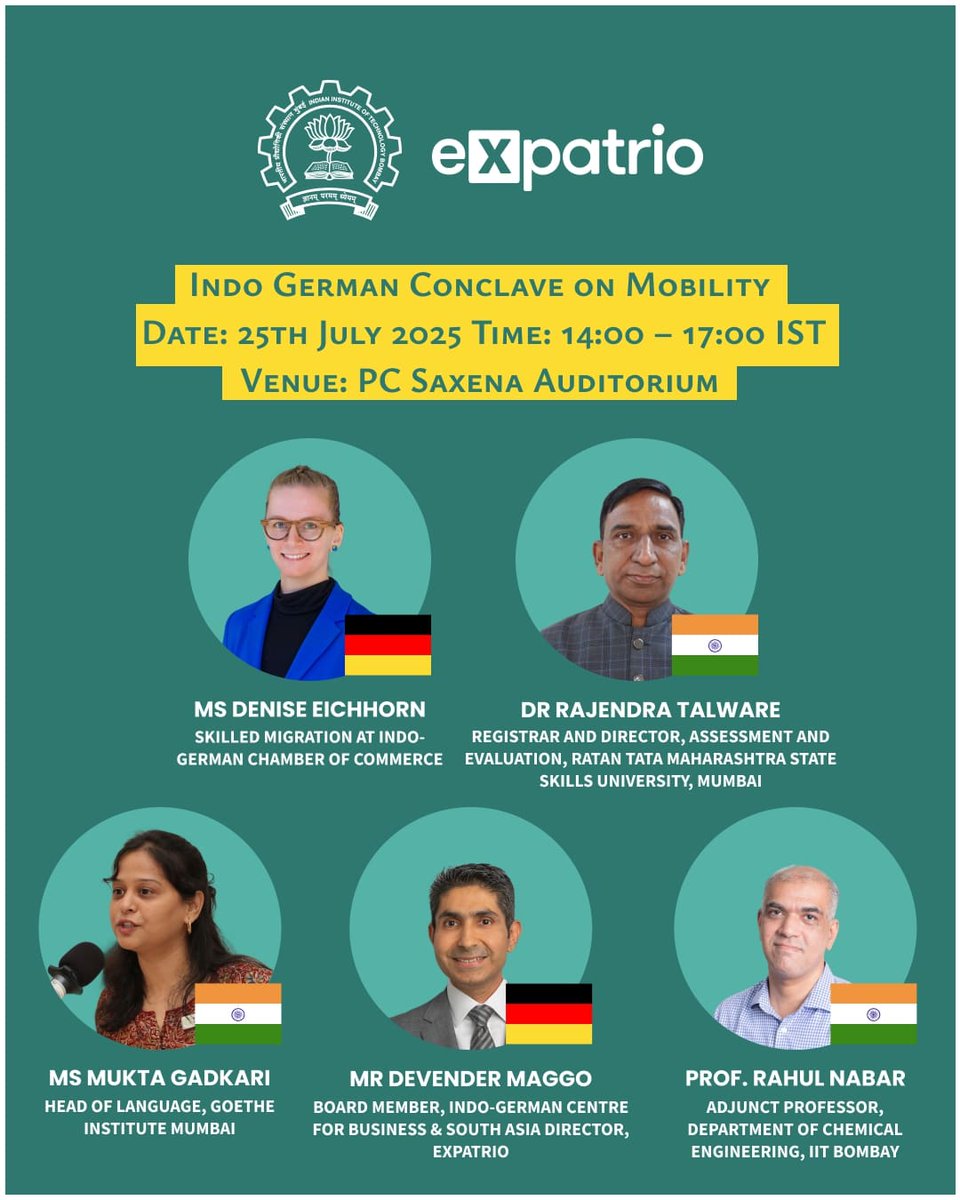 iitbombay's tweet image. We are just a couple of days away from the Indo-German Conclave on Mobility - "Bridging Talent, Building Futures!"
IIT Bombay and Expatrio would like to introduce you to the distinguished members of the panel for the event.
* Ms. Denise Eichhorn: Skilled Migration at…