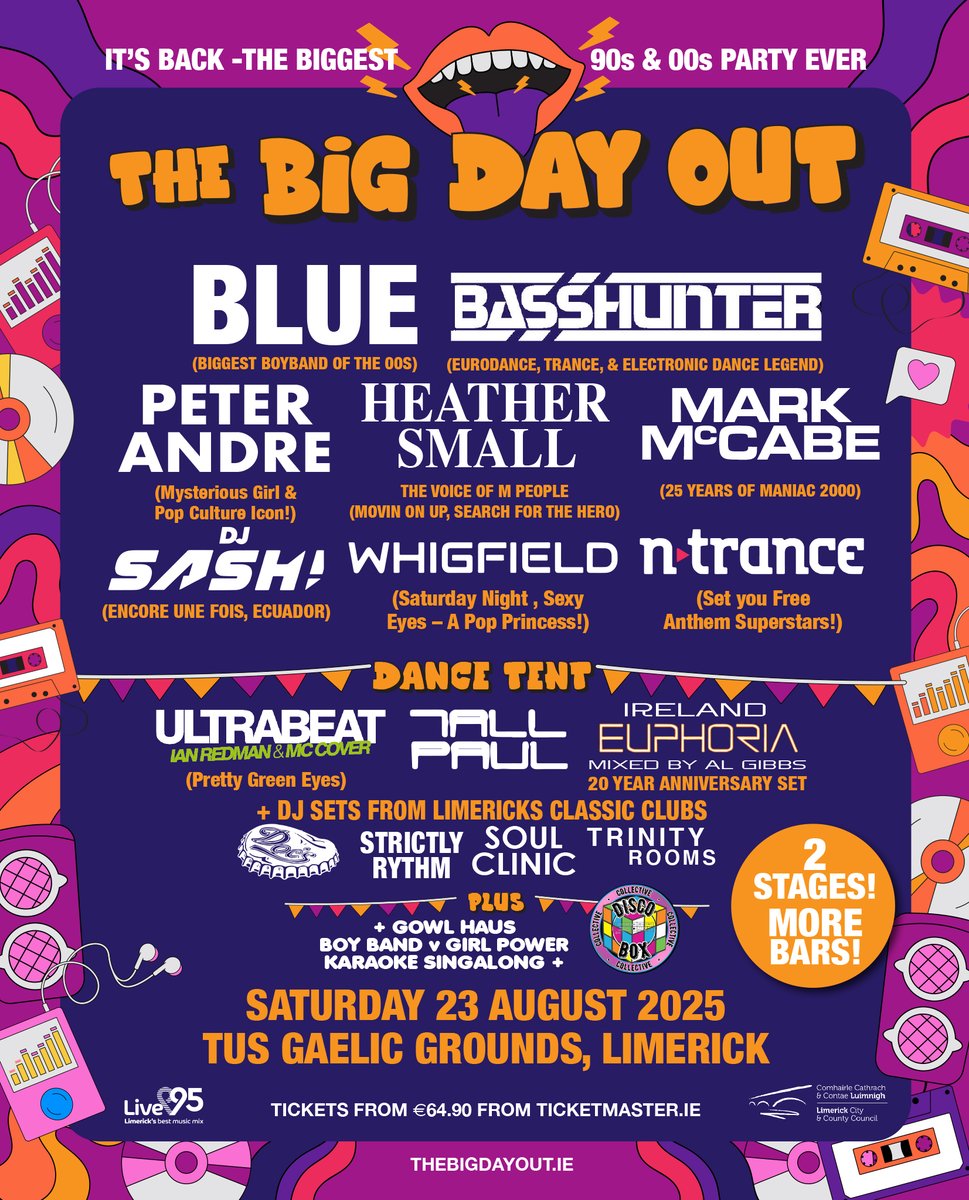 TicketmasterIre's tweet image. ⚡ 𝗝𝗨𝗦𝗧 𝗔𝗡𝗡𝗢𝗨𝗡𝗖𝗘𝗗: Dance music legend @Basshunt joins @TheBigDayOutLK line-up at TUS Gaelic Grounds on Saturday 23 August 2025.
🤩 Other performers include @OfficialBlue, @MrPeterAndre and Heather Small (@MPeopleHeatherS).
🎟️ Tickets on sale now…