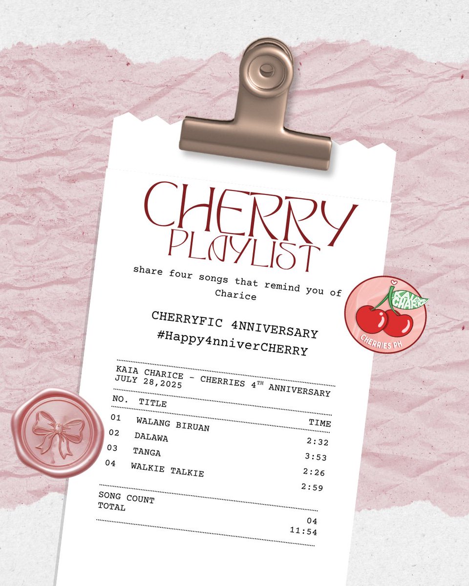 KAIA_CharicePH's tweet photo. If you could dedicate 4 songs to describe our Cherry’s 4 years in KAIA what would it be? Feel free to reply and we’ll make a Cherry Playlist! 🍒

#Happy4nniverCHERRY
#KAIA_CHARICE #KAIA https://t.co/pNEMqvxjfq