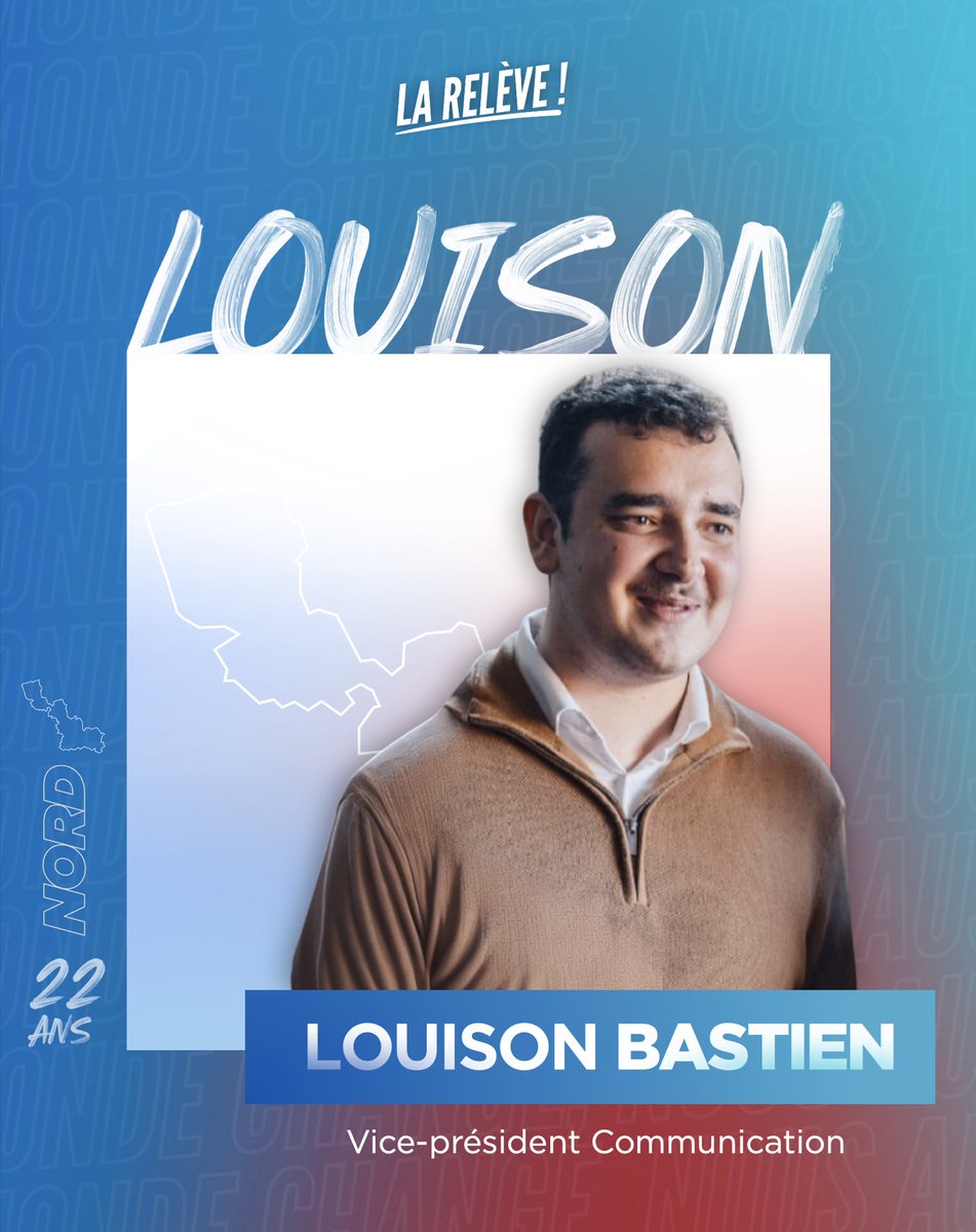 LaReleve2025's tweet image. 🚀 Bienvenue à Louison Bastien !
🎙️ Notre futur vice-président en charge de la communication !
📍 Il vient de Lille où il est engagé pour les municipales
🎓 Étudiant en communication politique
🔥 Coordinateur JAM des Hauts-de-France
👉 Rejoins La Relève !