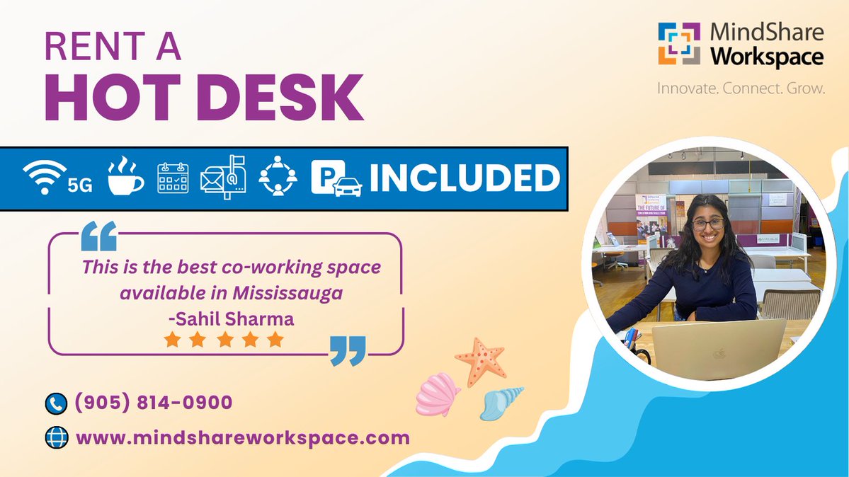 MindShareWork's tweet image. Level up your #Productivity with a #HotDesk Membership at @MindShareWork Space! Get access to high-speed WiFi, meeting rooms, #FreeParking &amp;amp; more. Book your spot today and make work feel a little less like work. #Coworking #Mississauga #Summer @MindShareLearn