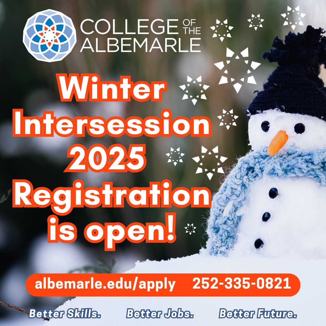 Winter Intersession 2025 Registration is 𝙊𝙋𝙀𝙉!
🐬🧡❄️💙
Register today to #TransformYourTomorrow! ➡️ albemarle.edu/apply-register/

#BetterSkillsBetterJobs