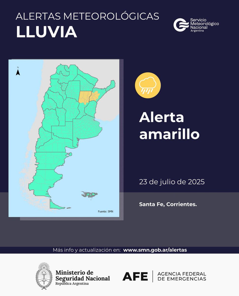 AFE_Arg's tweet image. 🌧️ ALERTA AMARILLO POR LLUVIA
📍Santa Fe, Corrientes.
📆 23 de julio.
RECOMENDACIONES
Evitá actividades al aire libre.
No saques la basura. Retirá objetos
que impidan que el agua escurra.
Quedate lejos de zonas costeras y ribereñas.