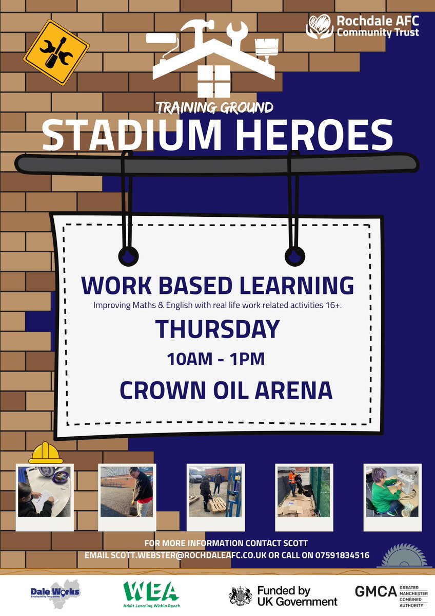 Rochdale AFC Community Trust (@rafccommunity) on Twitter photo π¨βοΈ STADIUM HEROES: TRAINING GROUND
Are you aged 16 or over and eager to enhance your Maths and English skills while gaining hands-on work experience? Join us on Thursday to develop essential skills that employers value. π€π
π§ scott.webster@rochdaleafc.co.uk
π 07591 834516 π¨βοΈ STADIUM HEROES: TRAINING GROUND
Are you aged 16 or over and eager to enhance your Maths and English skills while gaining hands-on work experience? Join us on Thursday to develop essential skills that employers value. π€π
π§ scott.webster@rochdaleafc.co.uk
π 07591 834516