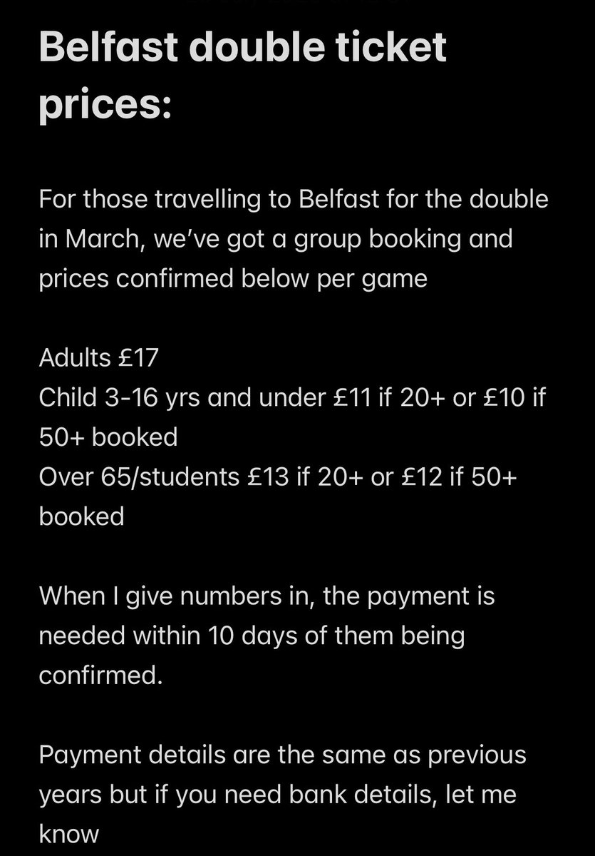 <a href="/cardiffdevils/">Cardiff Devils</a> <a href="/Block13Devils/">Block 13 📢</a> <a href="/OTWOAA/">On The Wheels Of An Army</a> fans heading to Belfast in March for the double header. 

A group booking has been confirmed with the prices below. Ticket requests @ docs.google.com/forms/d/e/1FAI…