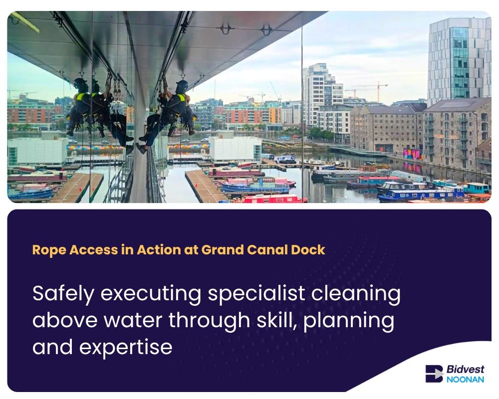 This week, our Rope Access Team carried out high-level window cleaning above the water at one of Dublin’s most iconic locations, Grand Canal Dock. Using a suspended rail system, they worked at height over the dock to complete a complex cleaning task with precision and care.