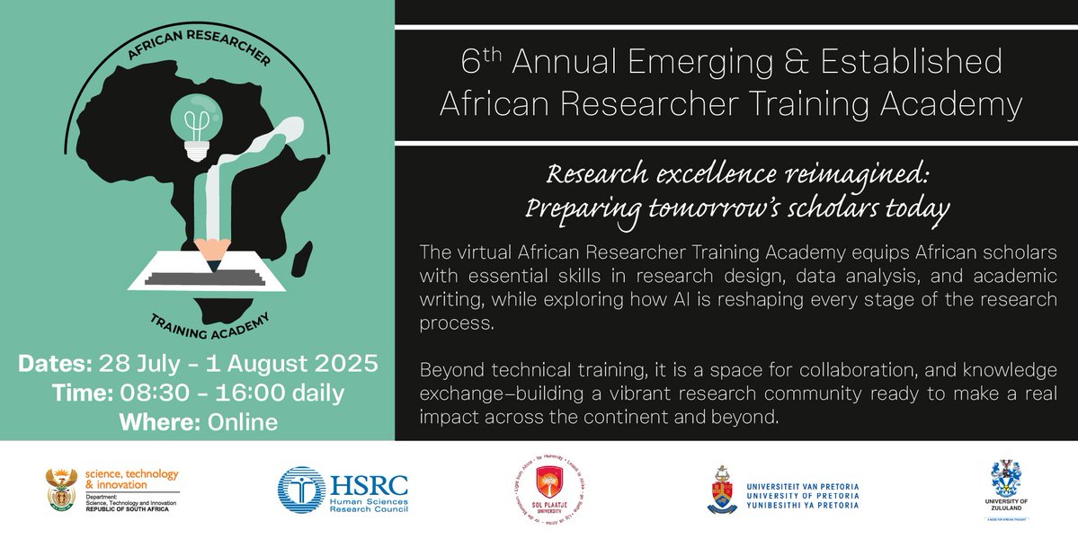 SAgovnews's tweet image. The Human Sciences Research Council (HSRC), in collaboration with the University of Pretoria, the University of Zululand and Sol Plaatje University, will host the 6th Annual Emerging and Established African Researcher Training Academy from 28 July to 1 August 2025.…