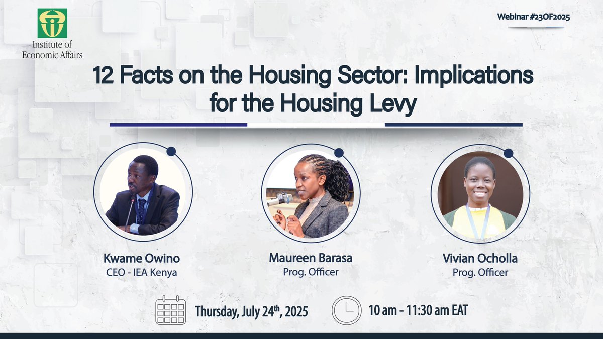 IEA Kenya (@ieakenya) on Twitter photo 🏘️ Happening Tomorrow!
📢Join us as we unpack 12 key facts about Kenya’s housing sector and the #HousingLevyKE
📊 What's the real housing gap?
🏗️ Is the levy the right fix?
Don’t miss this evidence-led conversation shaping national policy led by <a href="/IEAKwame/">Kwame Owino</a>
Register here: 🏘️ Happening Tomorrow!
📢Join us as we unpack 12 key facts about Kenya’s housing sector and the #HousingLevyKE
📊 What's the real housing gap?
🏗️ Is the levy the right fix?
Don’t miss this evidence-led conversation shaping national policy led by <a href="/IEAKwame/">Kwame Owino</a>
Register here: