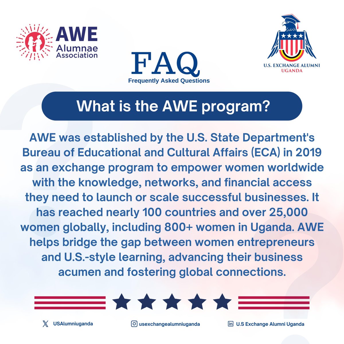U.S. Exchange Alumni Uganda (@usalumniuganda) on Twitter photo Heard about the AWEsome women?
Well Academy for Women Entrepreneurs (AWE) was established by the <a href="/StateDept/">Department of State</a> in 2019 as an exchange program to empower women worldwide with the knowledge, networks & financial access they need to launch or scale businesses.
#KnowYourProgram Heard about the AWEsome women?
Well Academy for Women Entrepreneurs (AWE) was established by the <a href="/StateDept/">Department of State</a> in 2019 as an exchange program to empower women worldwide with the knowledge, networks & financial access they need to launch or scale businesses.
#KnowYourProgram