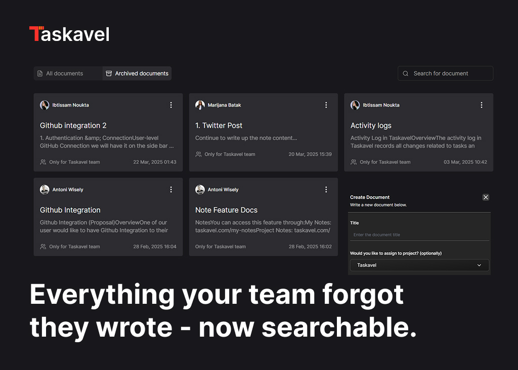 taskavel's tweet image. Your project has a roadmap.
Your tasks have owners.
Why shouldn&apos;t your docs have a home?

In Taskavel, every project has a dedicated Documents tab.

📁 Write it. Keep it. Reuse it.

#taskavel #productivity #saasdev #projectdocs