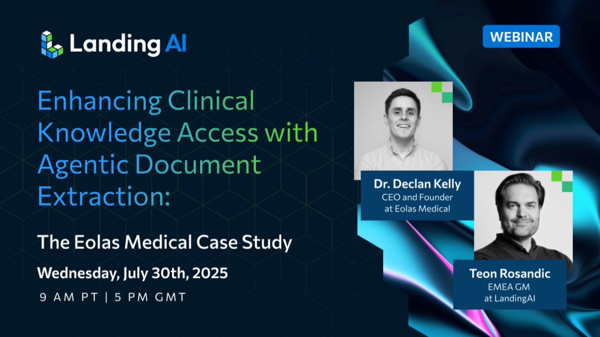LandingAI's tweet image. Join EolasMedical + LandingAI for a technical deep dive on how Agentic Document Extraction (ADE) is transforming knowledge access across 400+ medical centers.

🔗 Register: us02web.zoom.us/webinar/regist… 

#HealthcareAI #ADE #ClinicalDataScience #AIinMedicine