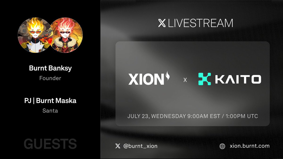 burnt_xion's tweet image. Want to know what @KaitoAI content will win the 100,000 $XION reward pool?
Join @BurntBanksy & @Prajjwal08 in an hour for a 𝕏 livestream diving into the @KaitoAI x @burnt_xion RISE campaign + alpha
🗓️ Wednesday, July 23rd at 9am EST (1pm UTC)
