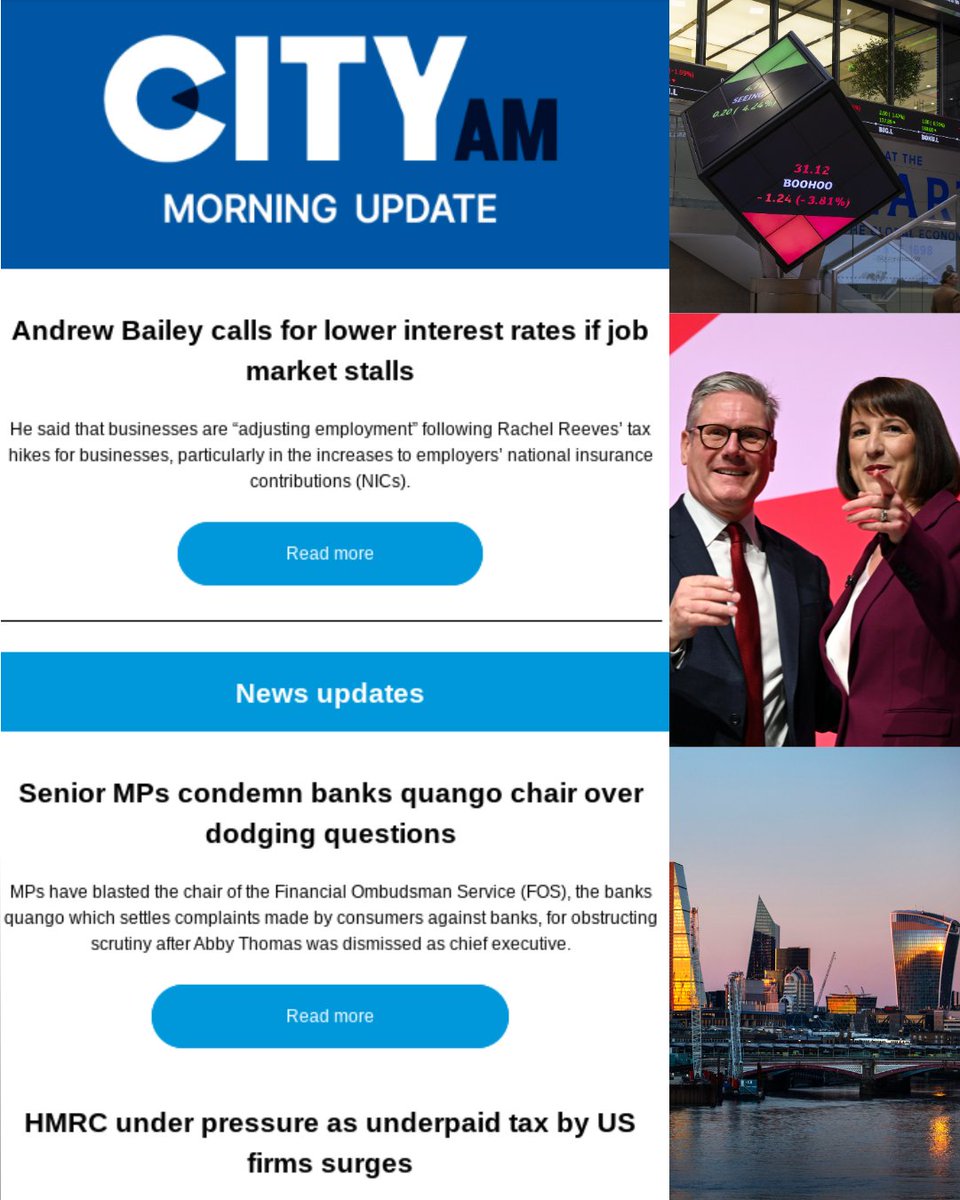 CityAM's tweet image. Get the latest news and sharpest views from the City of London and the rest of the UK straight to your inbox.
Our three daily newsletters will keep you up to date and in the know, bringing you the latest on market moving news, top stories from the world of business and politics…