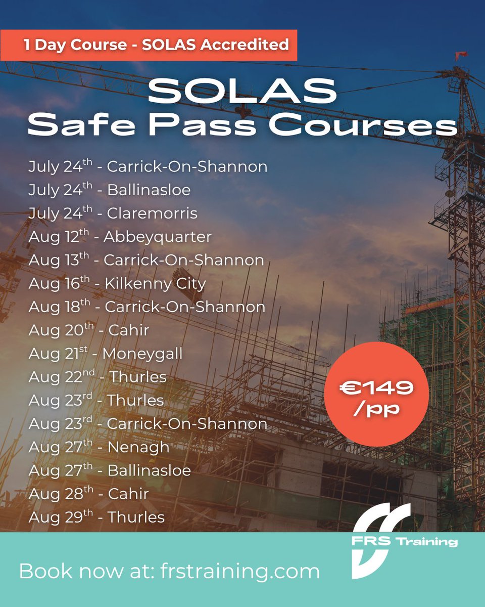 FRSTraining's tweet image. 👷‍♀️ Safe Pass, Safe Pass, Safe Pass and more Safe Pass... Here's all our upcoming course dates for July &amp;amp; August! 👇

For more course dates, information or to make a booking, please visit: frstraining.com/courses/?secto…