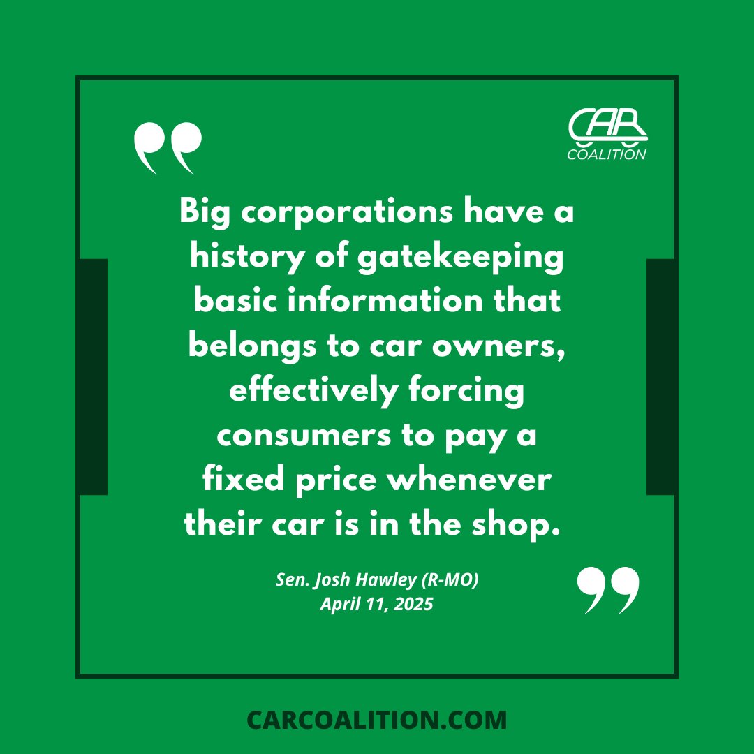 TheCARCoalition's tweet image. Thank you to @SenHawleyPress for standing up for independent repair and consumer choice by supporting the #REPAIRAct. His leadership helps protect small businesses, lower costs, and ensure Americans can fix their own vehicles.
Tell Congress you agree: carcoalition.com