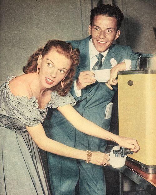 CitizenScreen's tweet image. Judy Garland and Frank Sinatra getting coffee on set of TILL THE CLOUDS ROLL BY (1946).