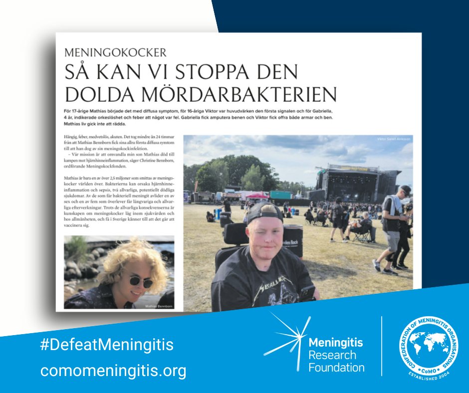 COMOmeningitis's tweet image. CoMO member Meningokockfonden in Sweden recently reached a major milestone by sponsoring a full-page article in one of the country's largest newspapers. 📰
Read the article here (p26): ow.ly/3vxa50WjIh5
#DefeatMeningitis