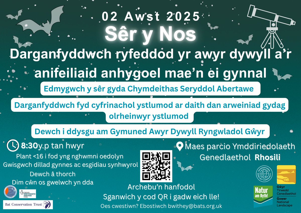 NaturAmByth's tweet image. Pop it in the diary 📖
Join @_BCT_ & @SwanAstro and discover the secret world of bats on Saturday 2/08/25 🦇
Book a place now and enjoy a night under the stars surrounded by Gower's amazing wildlife 💚 ⭐
Scan the QR code for more info ℹ️