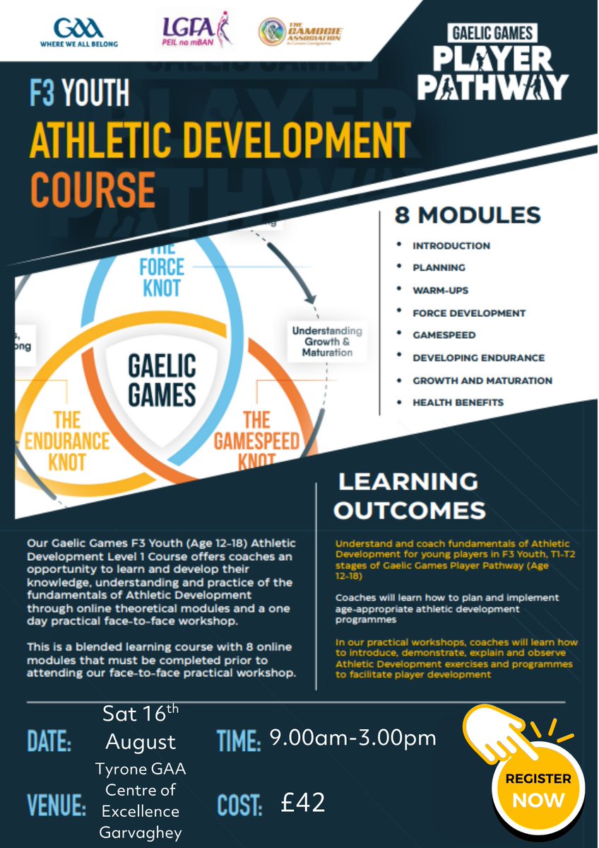 gaalearning's tweet image. Interested in Athletic Development? Check out upcoming F3 Youth AD Course in Tyrone GAA Centre of Excellence Garvaghey on Sat 16th August learning.gaa.ie/node/293187 Note: You need to have a Tobar account logged in to enrol.