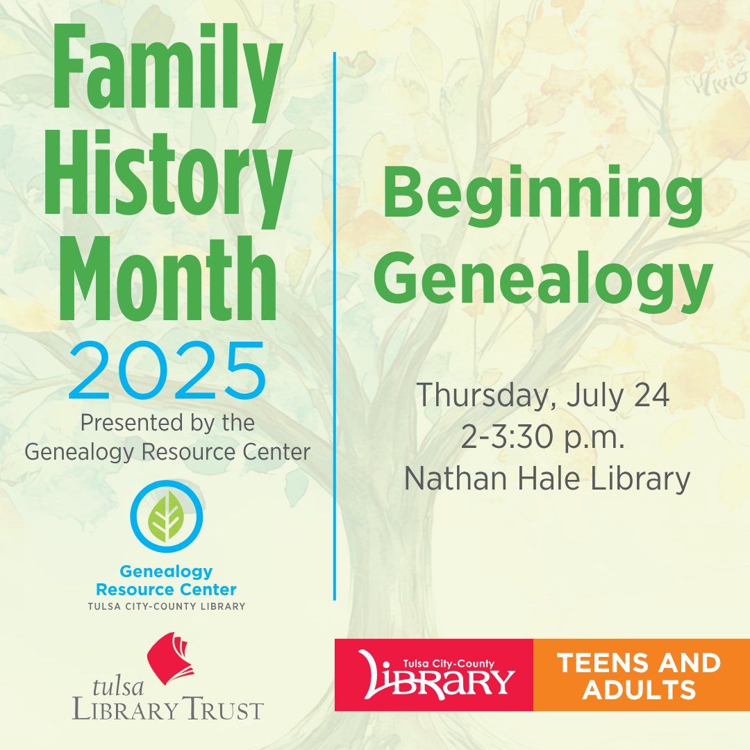 tulsalibrary's tweet image. Family History Month has a program for every member of the family! Kids and teens can make family memory boxes today at Hardesty Regional Library.
Tomorrow, teens and adults can embark on their family history journey with the Beginning Genealogy workshop at Nathan Hale Library.
