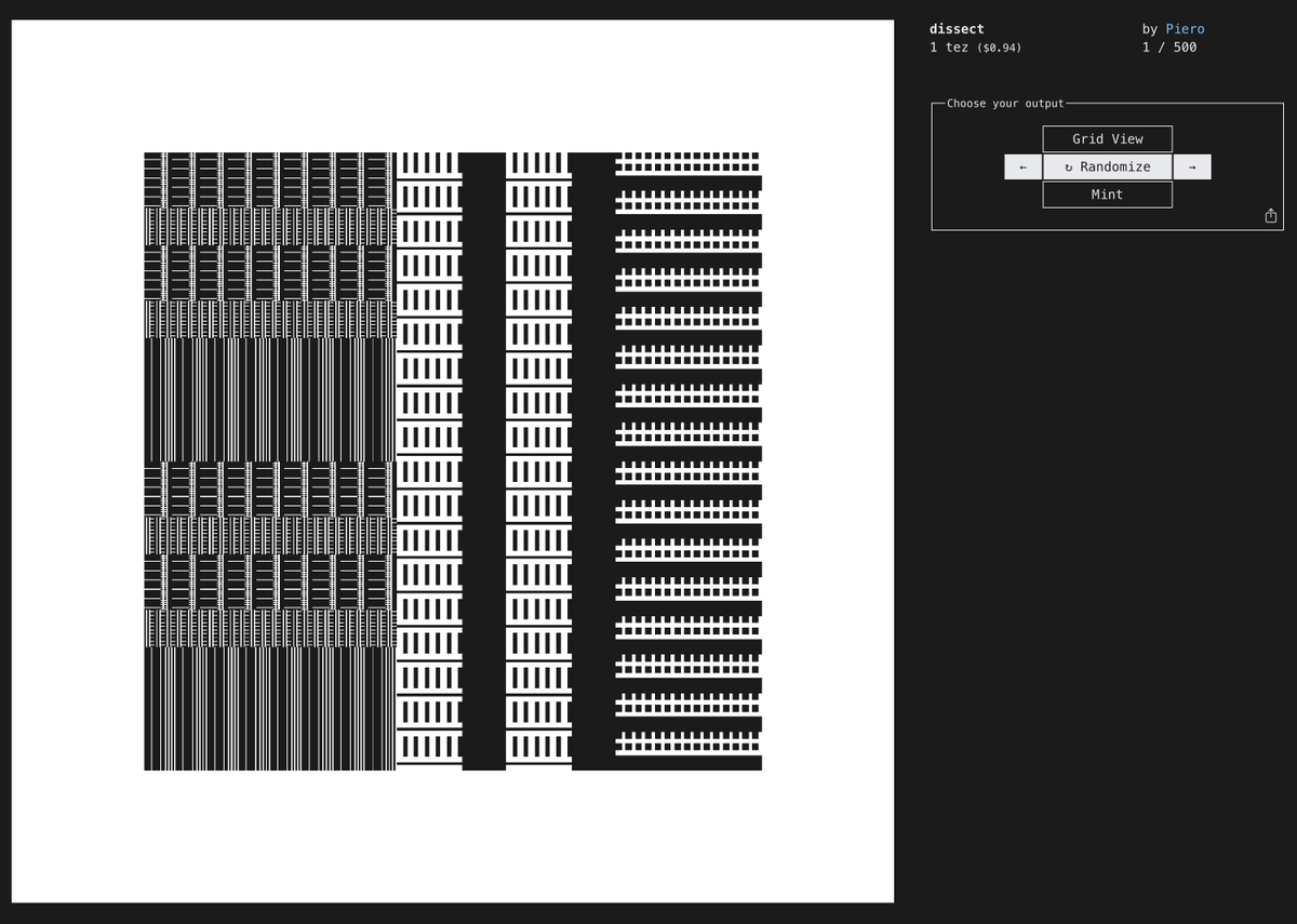 with my new series "dissect", we will do an experiment on <a href="/editart_xyz/">EditArt</a> :

> simplified minting
> you can step through outputs or choose from the grid
> this can be used by artists who prefer a more straight-forward process without sliders

jul 24, 2pm cest
