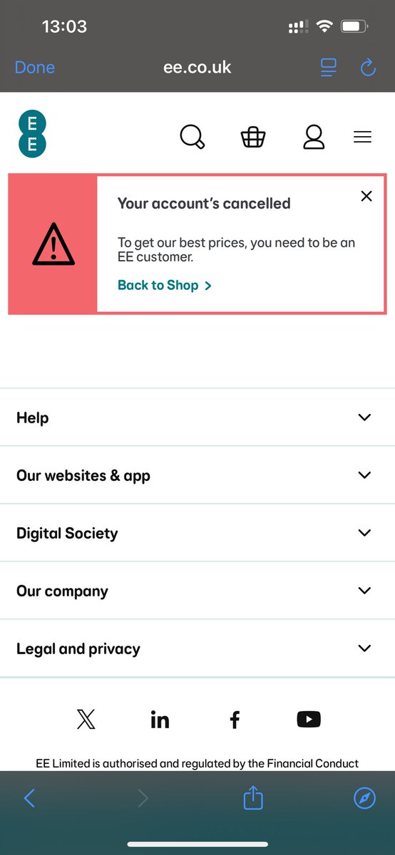 qology's tweet photo. @EE Getting this when I click any mobile product from the Shop section of the EE app, or login to see customer prices on the EE website. I have broadband and TV already and interested in adding SIMs or phones. No appropriate route via your phone menu. https://t.co/q1nYM312nj
