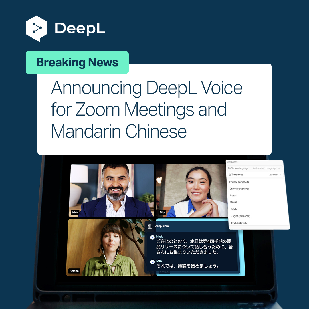 DeepLcom's tweet image. The world deserves inclusive, productive meetings in which everyone is understood, regardless of the language they speak. With today’s launch of DeepL Voice for Mandarin Chinese, we’re taking a big step toward bringing that world closer.
We’ve also announced that DeepL Voice…