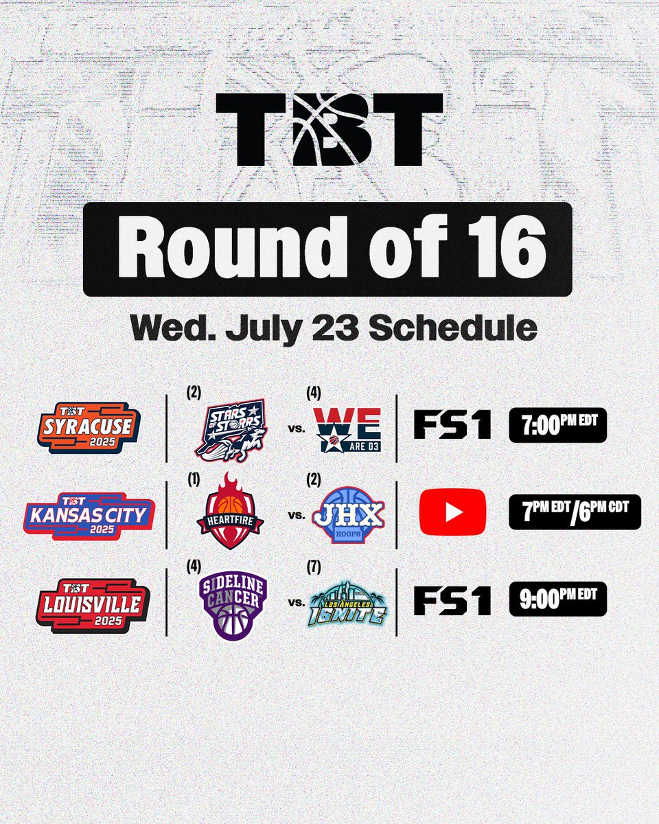 TODAY’S TBT SCHEDULE🏀

Regional Finals in Syracuse, Kansas and Louisville! 

- Tune in on FS1 or YouTube (tbthoops.com/watch)
