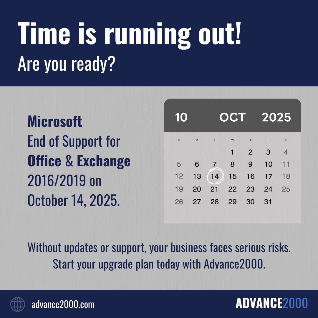 Microsoft is ending support for Office &amp; Exchange 2016/2019 on October 14, 2025.  

Learn about the potential impacts to your business and how Advance2000 can help →  advance2000.com/what-you-need-…

#Advance2000 #EndOfSupport #MicrosoftOffice #MicrosoftExchangeServer
