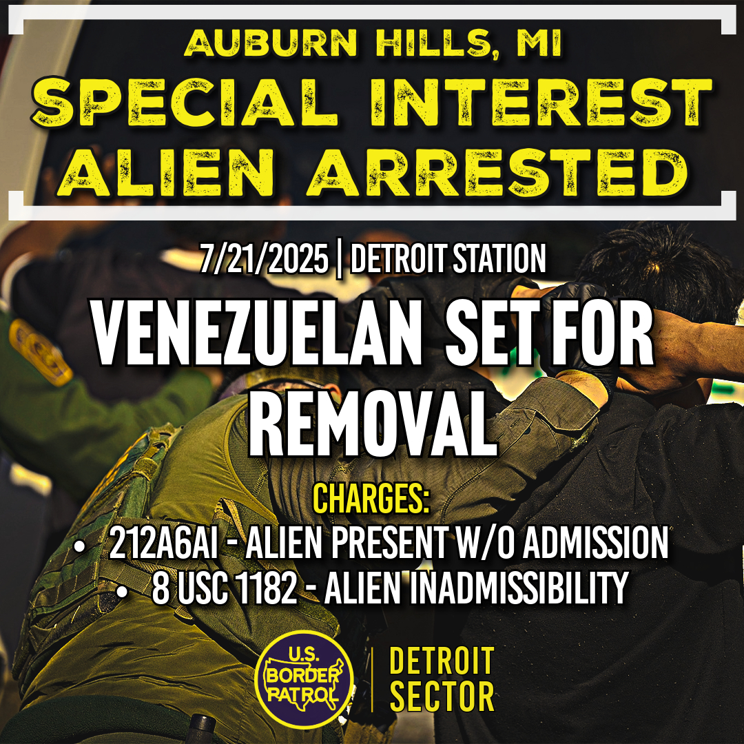 USBPChiefDTM's tweet image. On Monday, Detroit Station agents, in partnership with local law enforcement, arrested an illegal alien from Venezuela. Illegal aliens from Venezuela are dubbed Special Interest Aliens because they&apos;re from a nation designated as a potential threat to the national security of the…