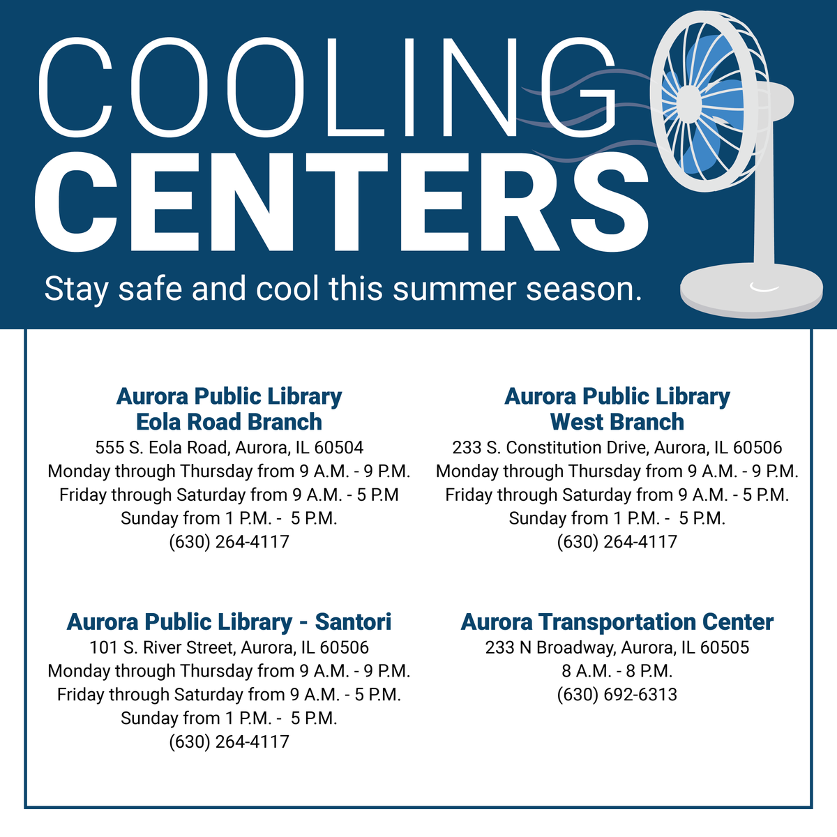 CityofAuroraIL's tweet image. ❗ STAY SAFE, STAY COOL: Utilize Cooling Centers In Aurora!
☀️ Beginning today, a stretch of dangerously hot weather is set to take hold, with heat indices reaching over 100 degrees. The City of Aurora is advising residents to take necessary precautions to stay safe, and…