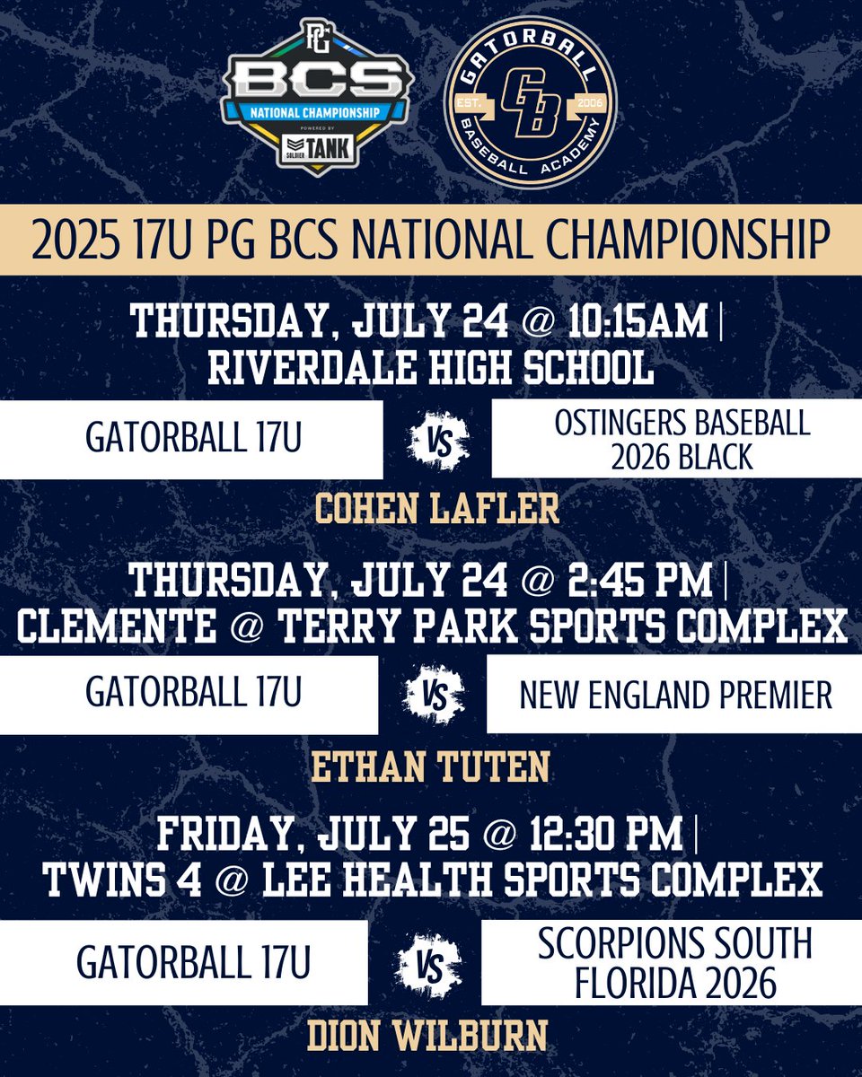_Gatorball_'s tweet image. Locked in and ready to compete 💪⚾ Check out our schedule for the 2025 PG 17U BCS National Championship! Let’s get to work.
#GatorballAcademy #PGBCS2025 #ChasingGreatness #GatorballGrind #17U #BaseballChampionship