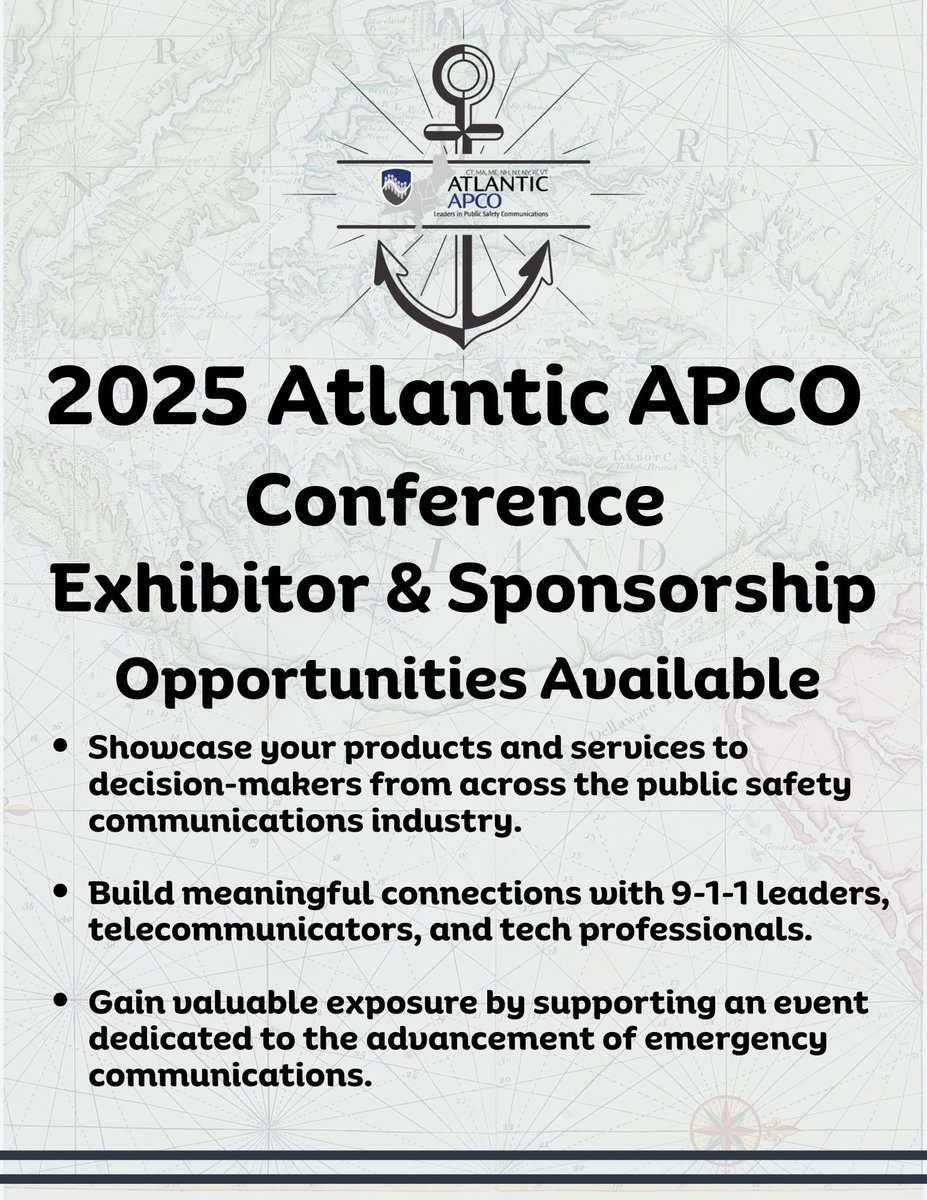 Calling All Commercial Partners! We are excited to announce that Exhibitor &amp; Sponsorship opportunities are Available for the 2025 Atlantic APCO Chapter Conference, taking place November 16–19, 2025, in Mystic, Connecticut!
 buff.ly/00kRT7M

#AtlanticAPCO #911Vendors