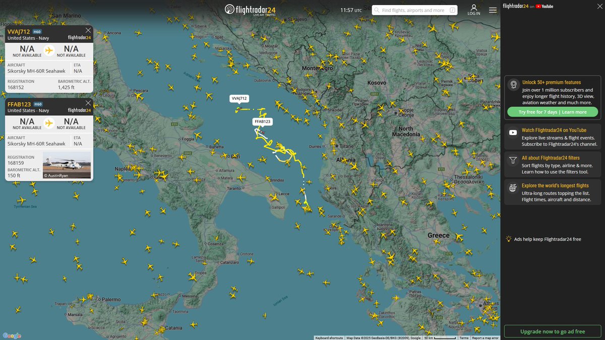 AIYeyENGDdJkjTr's tweet photo. July 23, 2025
#Adriatic Sea
#USS Gerald R. Ford (CVN-78)
#VVAJ712 #AE4FE8 USN MH-60R Seahawk
#FFAB123 #AE4FEF USN MH-60R Seahawk https://t.co/Aogr9X2qvj
