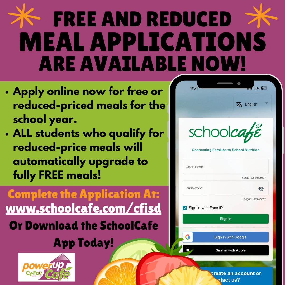 PowerUpCafe's tweet image. The Free and Reduced Application is Open! Log into schoolcafe.com/cfisd or download the SchoolCafe App and apply today! Make sure your student is receiving their benefits starting the first day of school! All students who qualify for reduced meals are automatically upgraded to…