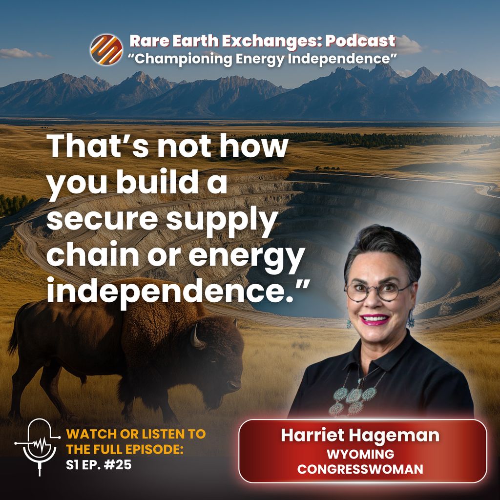 RE_Exchanges's tweet image. Wyoming’s rare earths moment is real. Rep. Harriet Hageman breaks down the policy, permitting, and energy stakes in our latest REEx podcast.
Worth your time if you care about the future of US mining.
🎧 Listen: t2m.io/WsomuLoE
#RareEarths #Wyoming #Mining