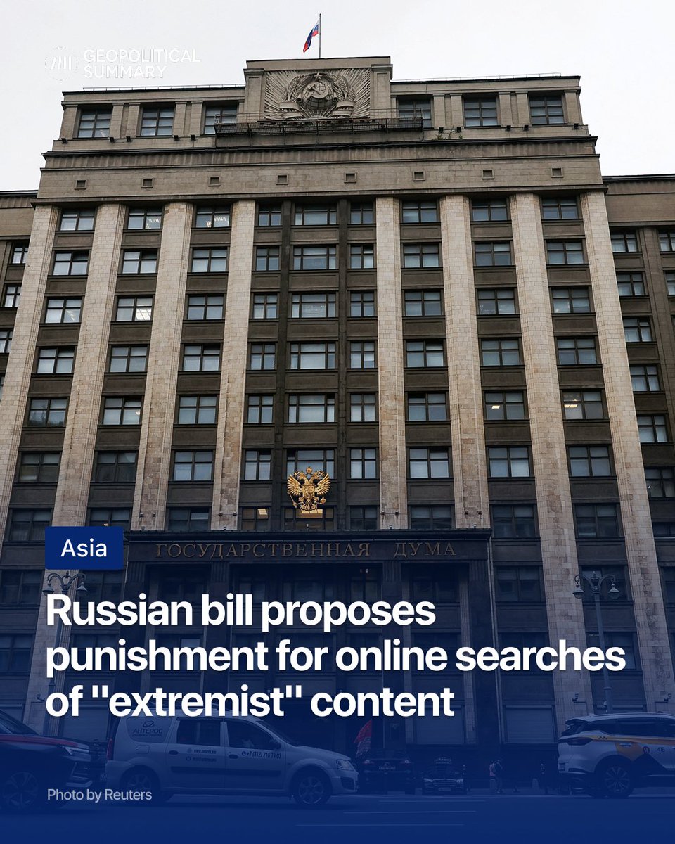 geopoliticalsum's tweet image. Russian lawmakers have advanced a controversial bill that would punish people for deliberately searching online for information labeled as “extremist,” intensifying the country’s ongoing crackdown on dissent.
Approved Tuesday by the State Duma, the legislation is expected to…