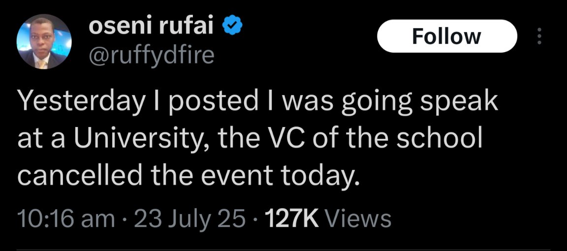 instablog9ja's tweet image. Journalist Rufai Oseni laments after the event he was going to speak at was abruptly cancelled
