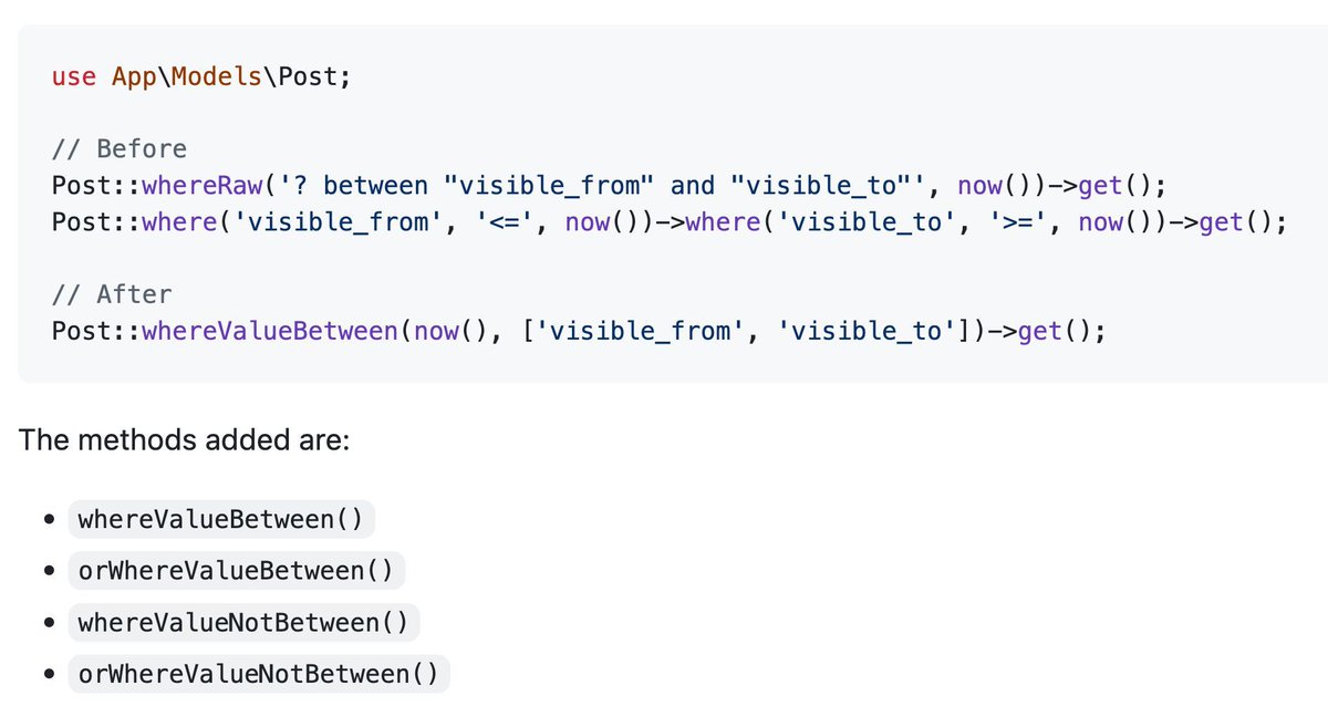 PovilasKorop's tweet image. New in this week&apos;s Laravel 12.21: `whereValueBetween()` to avoid raw SQL queries.

[12.x] Adds checking if a value is between two columns github.com/laravel/framew…