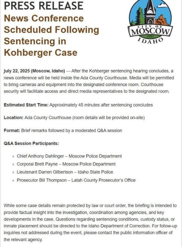 JLRINVESTIGATES's tweet image. Major news conference inside the Ada County Courthouse after the Bryan Kohberger sentencing.
Prosecutor William Thompson, Moscow Idaho Police Chief Anthony Dahlinger, Lt. Darren Gilbertson & Corporal Brett Payne will speak.
