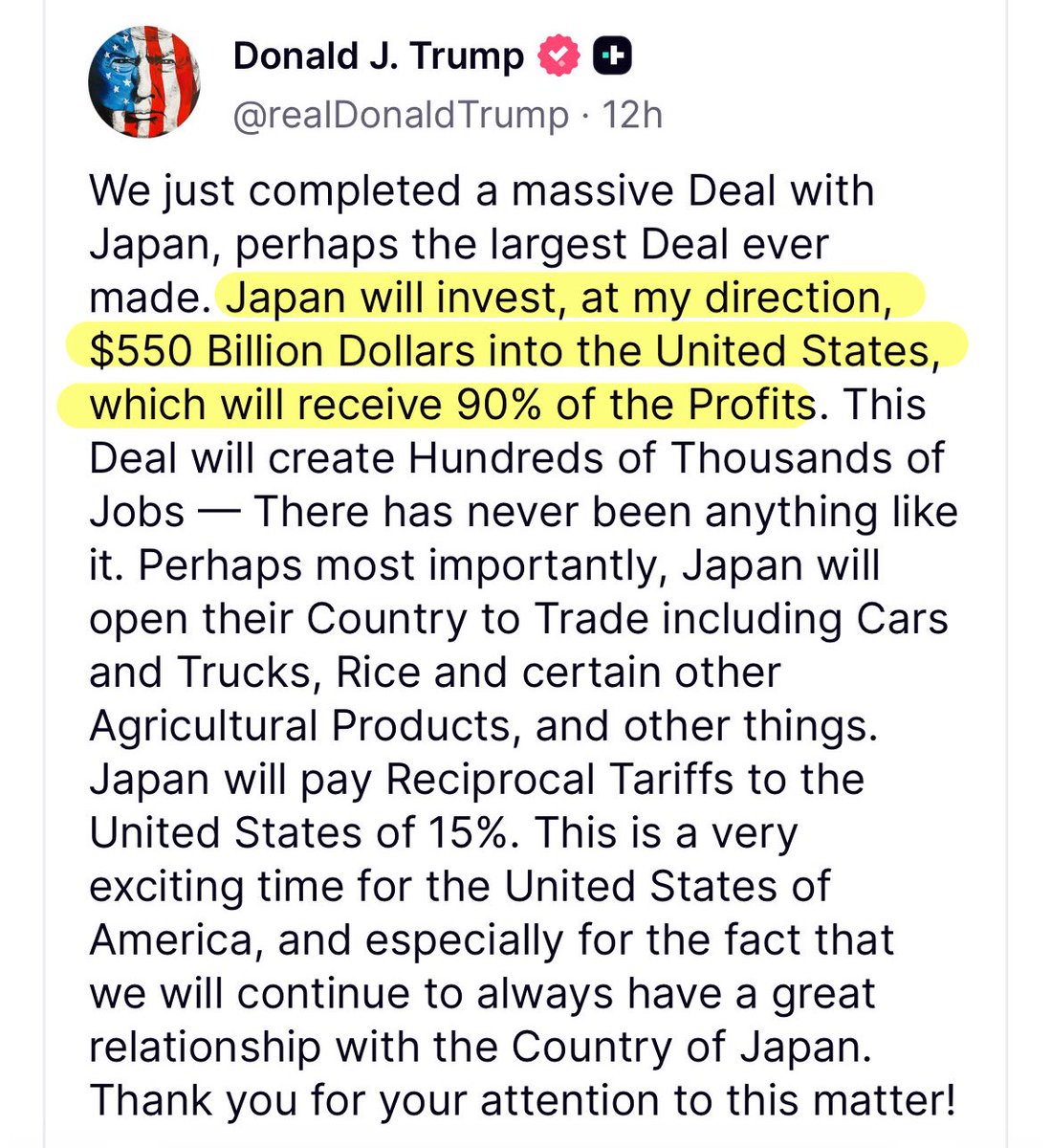 sarina__h's tweet image. 「日本は、私の指示に基づき米国に5500億ドル(約80兆円)を投資し、利益の90%を米国が受け取る」
これで本当に”done deal”でいいの…⁉️🥹