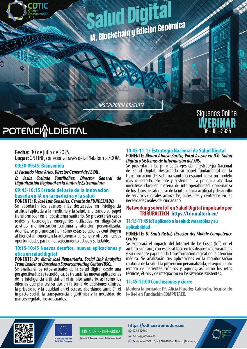 ticExtremadura's tweet photo. 👉 ¡Apúntate al Webinar sobre #Salud #Digital: #IA, #Blockchain y #EdiciónGenómica!
Nuestros datos de salud son la clave de una medicina más personalizada
📅 30/07/2025 | 🖥️ Online | 🎟️ Gratis
🌐 https://t.co/Cikxs5g203
⏰ 09:30 - 12:00
@DGDigitalEx
@Triruraltech
#IoT #Wareables https://t.co/7YTpjcwXYy