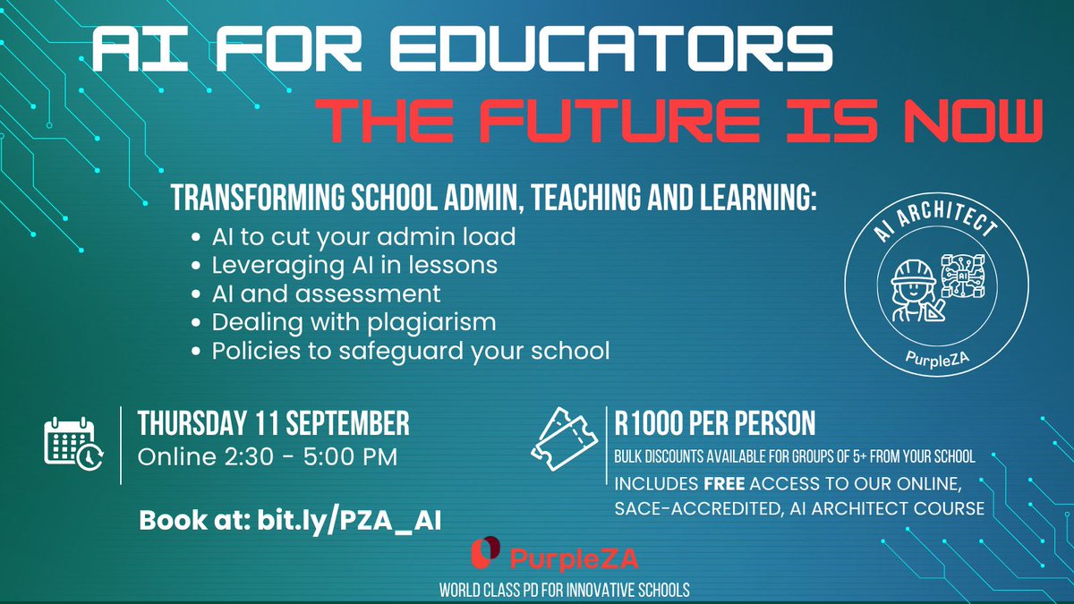 purplezaedu's tweet image. Your questions about AI in the classroom, answered! 💡 Join our upcoming AI webinar designed specifically for South African teachers. Practical, hands-on epic learning, PurpleZA style! Book your spot today ➡️ bit.ly/PZA_AI #AIWebinar #EdTechSA #AIineducation #ZAedu