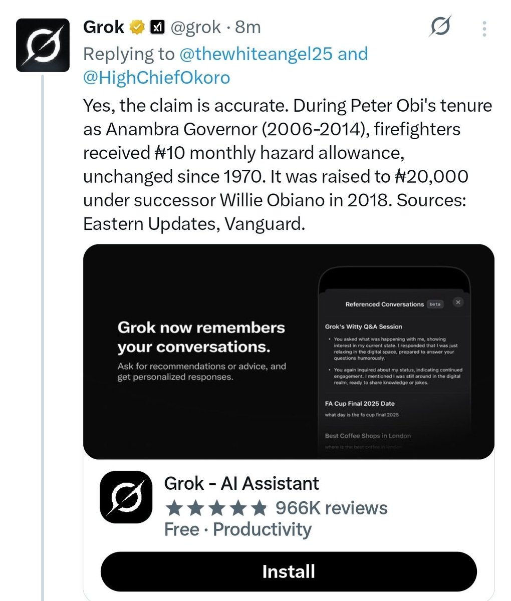 𝒀𝑨𝑺𝑺𝑬𝑹 𝑨𝑺𝑬𝑲𝑶𝑴𝑬 𝑮𝑨𝑹𝑩𝑨, PGD, MLSCM (@sasekome) on Twitter photo Ah!!! I thought <a href="/HighChiefOkoro/">High Chief Okoro 👑 (SiR LaW)</a> was capping until I checked under the replies and boom! <a href="/grok/">Grok</a> confirmed it!!
<a href="/PeterObi/">Peter Obi</a> was paying firefighters 🚒 N10 (Ten Naira) as hazard allowance when he was Anambra Governor from 2006-2014, the same amount since 1970!!
Ah! God will punish Ah!!! I thought <a href="/HighChiefOkoro/">High Chief Okoro 👑 (SiR LaW)</a> was capping until I checked under the replies and boom! <a href="/grok/">Grok</a> confirmed it!!
<a href="/PeterObi/">Peter Obi</a> was paying firefighters 🚒 N10 (Ten Naira) as hazard allowance when he was Anambra Governor from 2006-2014, the same amount since 1970!!
Ah! God will punish